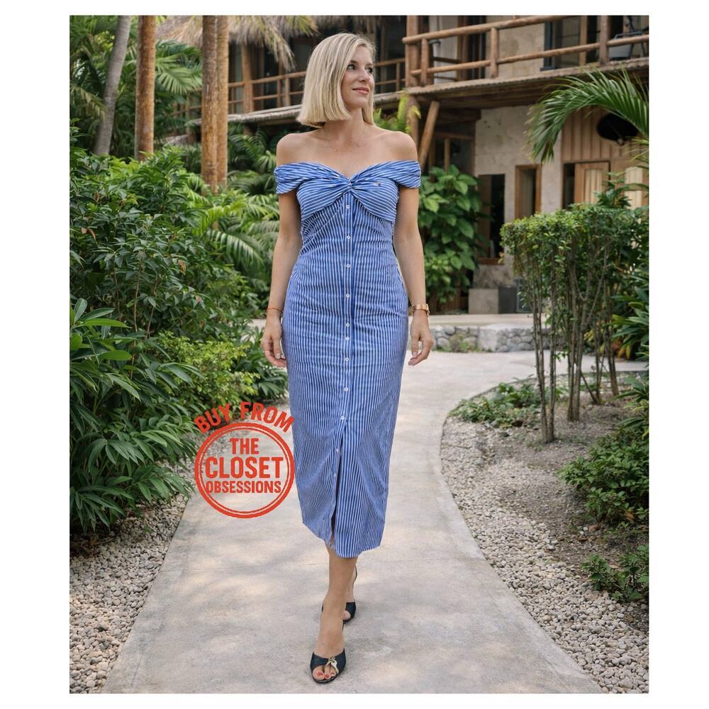 MANGO Blue White Striped Off Shoulder Midi Dress NWT Cotton Button Front - Picture 4 of 16